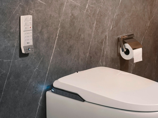 Optimierter Alt-Text: „Moderne, wandhängende WC-Anlage mit integriertem elektronischem Bidet und intuitiv bedienbarem Steuerungspanel; daneben ein wandmontierter Toilettenpapierhalter – Beispiel für innovative Sanitärtechnik in zeitgemäßen SHK-Installationen.“. - © Bild: Roca