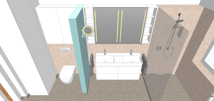 Die Zusammenlegung zweier Räume führte zu mehr Raum für die Badplanung. Diese ­Variante sieht die Dusche quer zum Fenster an der Stirnseite des Raumes vor, während …