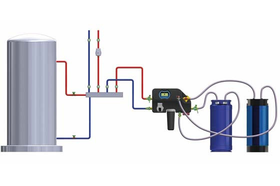 In diesem Einbauschema noch einmal alles im Überblick: An das permaLine integral Gerät (schwarz) wurde nach der Entsalzungseinheit (in blau) auch noch eine Sauerstoffzehrpatrone OxRed (schwarz-blau) angeschlossen.