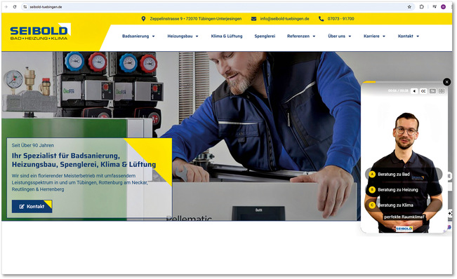 Beim SHK-Betrieb Seibold (Tübingen-Unterjesingen) begrüßt der KI-Avatar von Geschäftsführer Marco Seibold die Besucher der Homepage und geht strukturiert auf Kundenfragen ein.