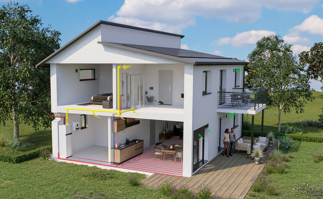 Abluft-Wärmepumpe mit dezentraler Lüftung im Einfamilienhaus.