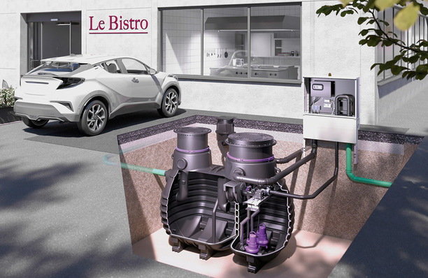 Eine Schnittansicht zeigt unterirdische Tanks und Rohre vor einem Restaurant namens Le Bistro, in der Nähe eines geparkten Autos. - © Bild: Kessel