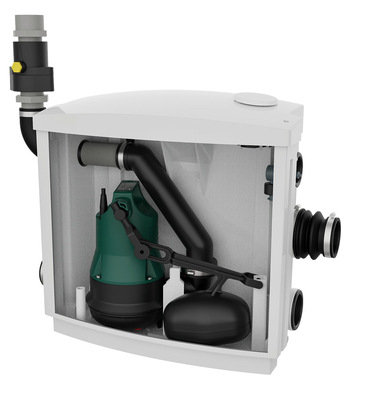 Querschnitt einer Abwasserpumpe mit sichtbarer grüner Pumpe, schwarzen Leitungen und Schwimmerschalter in einem weißen Gehäuse. - © Bild: Pentair Jung Pumpen