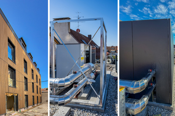 Auf dem Dach dieses Münchener Hotels steht ein Kaltwassererzeuger. Eine eSilent Einhausung von ATEC, Wahlfarbe RAL7016, dämpft nun sein Betriebsgeräusch gemäß TA Lärm.