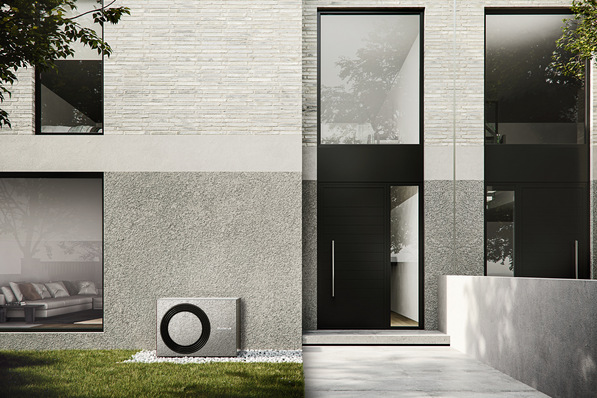 Neues Angebot von Buderus: Anlagenbetreiber können die Außeneinheit ihrer Wärmepumpe jetzt nach ihren individuellen Wünschen folieren lassen – beispielsweise passend zur Gebäudefassade.