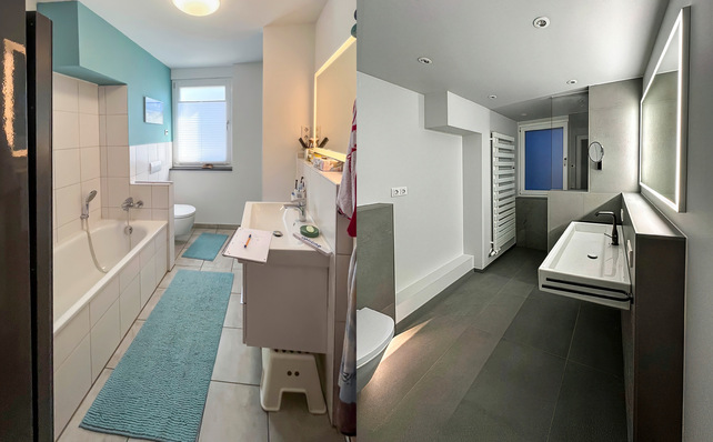 Vorher und nachher: Das ­linke Bild zeigt die Ausgangs­situation mit Badewanne, rechts die neue Planung (allerdings noch ohne Möbel).