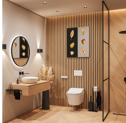 Ein japanisch inspiriertes Badezimmerambiente. Das zurückhaltende Design des Dusch-WCs ist stimmig und passt in die unterschiedlichsten Stilwelten.