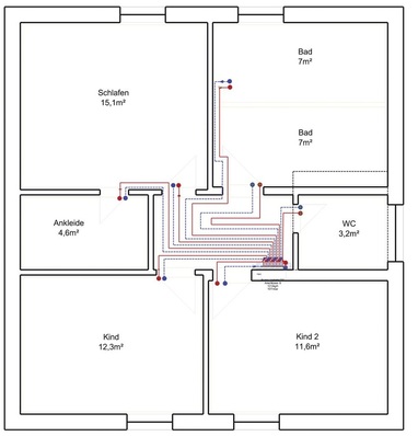 Anbindeleitungen von Flächenheizungen werden von einem zentralen Punkt verteilt. Bei zu vielen Heizkreisen kann das in kleinen Räumen wie Fluren oder Ankleiden zur Überheizung führen.