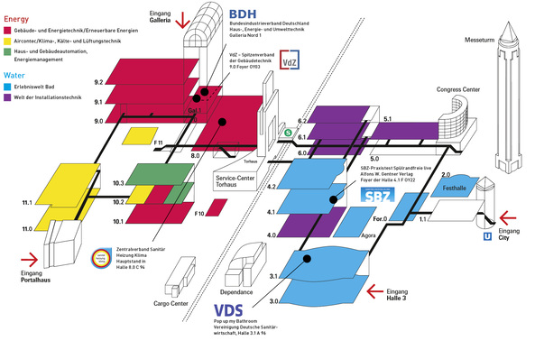 
Der Bereich ISH Water liegt zusammen mit der Welt der Installationstechnik auf der Ostseite des Messegeländes in den Hallen 2, 3, 4, 5 und 6. Hier geht es um die aktuellen Badtrends, um Reinigung und Hygiene, aber auch um Speziallösungen für individuelle Benutzerbedürfnisse. Auf der Westseite des Messegeländes befindet sich der Bereich ISH Energy mit der Gebäude- und Energietechnik, erneuerbaren Energien sowie der Kälte-, Klima- und Lüftungstechnik in den Hallen 8, 9, 10, 11 und in der Galleria. 
