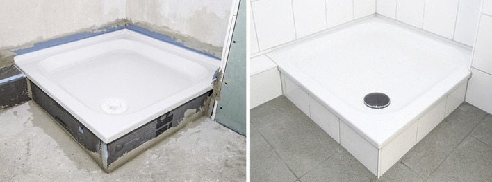 
Die Duschwanne mit der Zarge wird vor dem Einsatz des Fliesenlegers eingebaut und die Zarge anschließend überfliest.
