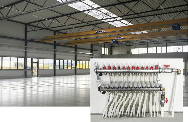 
Das rund 6000 m² Gebäudefläche umfassende Produktions- und Innovationszentrum der NMH GmbH ist mit einer Fußbodenheizung ausgestattet, die sich in 20 Verteilerstationen à 12 Kreise gliedert.
