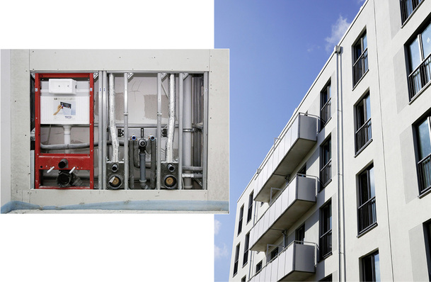 
In dem Neubau in Berlin-Hohenschönhausen wurden in den Bädern individuell geplante und industriell vorgefertigte Register und Sanitärwände eingesetzt.
