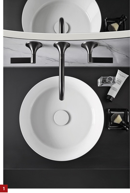 

1 Scopio vereint zwei Geometrien: Einen Kreis als Beckenmulde und eine konische, teleskopartige Außenform.

