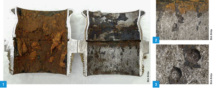 

1, 2, 3 Auf Bild 1 ist ein längsseits aufgeschnittenes Rohrstück abgebildet, bei dem rechts die Deckschicht mechanisch entfernt wurde. Das Ergebnis zeigt zunächst nur einige Verfärbungen. Aus der Nähe betrachtet (Bild 2) und noch weiter vergrößert (Bild 3) wird eine Lochfraßkorrosion deutlich.

