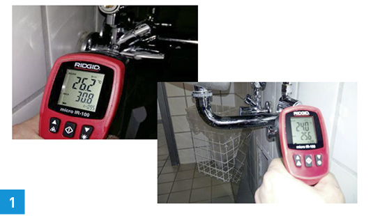 
1 Fehlersuche: Mit einem Infrarotthermometer lassen sich ohne Aufwand erste Anhaltspunkte zu kritischen Temperaturen in der Trinkwasserinstallation sammeln.



