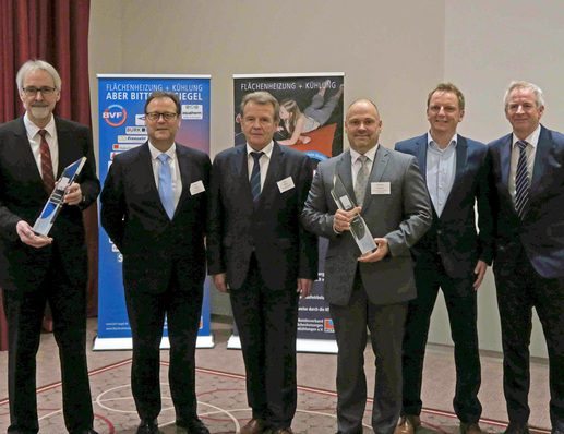 Heinz Eckard Beele (IMI), Hans Arno Kloep (Querschiesser) als Laudator, Ulrich Stahl (Vorstandsvorsitzender BVF e. V.), Michael Schuster, Christian Kemper und Karl-Heinz Kramer (alle Wavin). (v.l.n.r.)