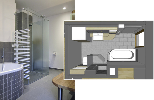 





Das Komfortbad: Der Raum wird durch den Schrank für Waschmaschine und Trockner auf der einen Seite und die dreiseitige Duschkabine auf der anderen Seite in zwei Bereiche gegliedert.

